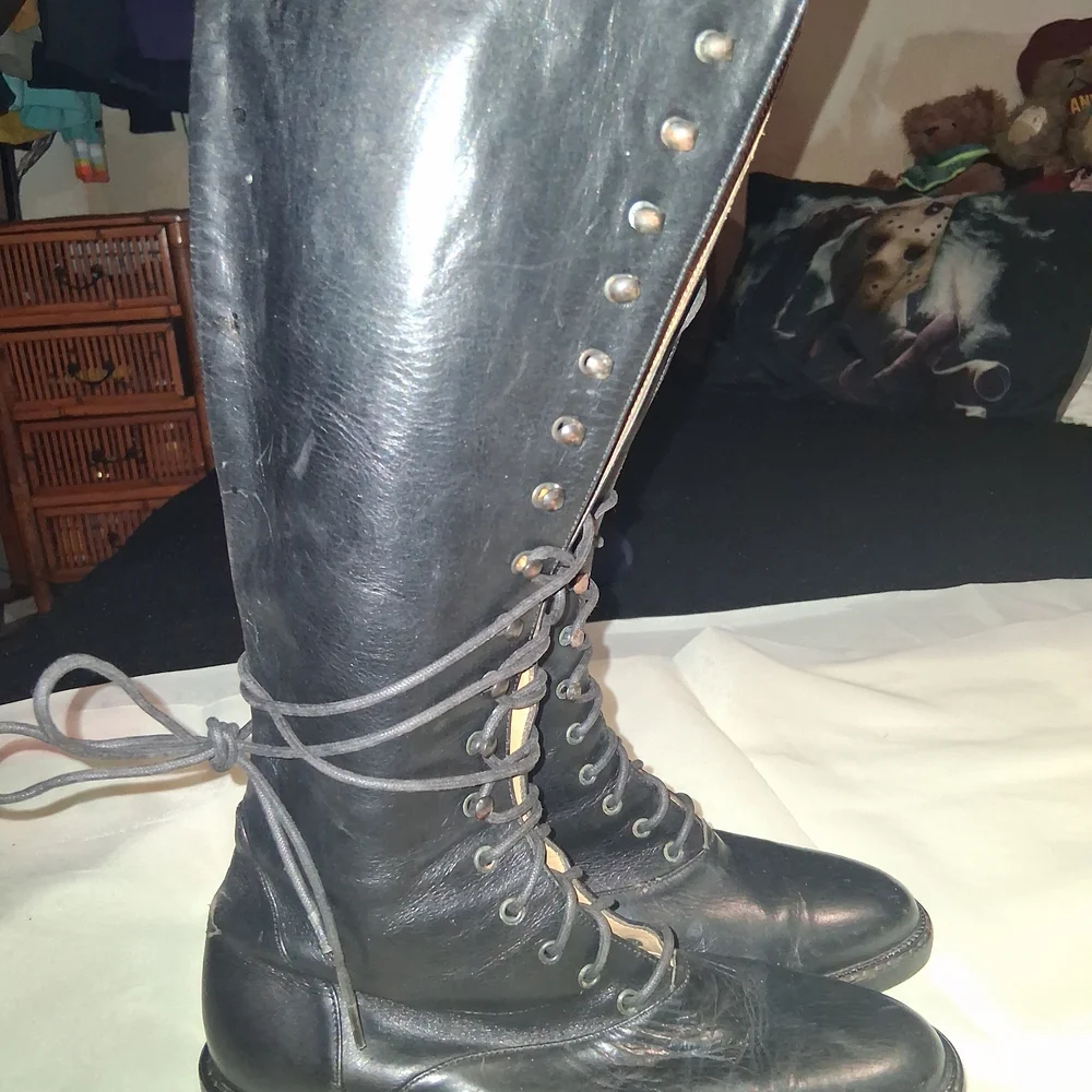 Joan & David Black Leather Tall Lace-Up Boots - Picture 2 of 7